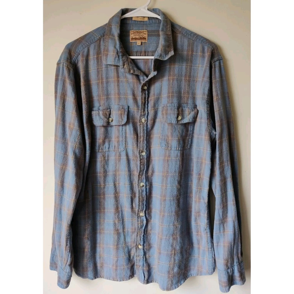 Free Nature Blue Yellow Plaid Long Sleeve Button Men‎ Flannel Size Large Pockets
